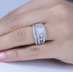 2PC Sterling Silver Princess CZ Wedding Band And Engagement Ring Wedding Ring Set Bridal Ring Set Size 4-14 S77S