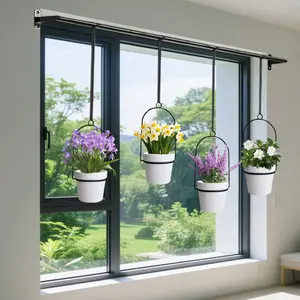 1set Metal Adjustable Hanging Planters, Floating Plant Hangers, with 4 Plastic Pots, Rail for Indoor Window & Ceiling Herb Garden, Wall Plant Hanger with Nylon Cords, 11.8"-18.1" Expandable Cabinet Drawers for Pot and Pan, Slide Out Storage Rack,black