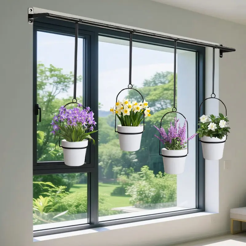 Black Metal Adjustable Hanging Planter Set with 4 Plastic Pots, Floating Shelves Hanging Display, Nylon Cords Rail, 11.8"-18.1" Expandable Slide-Out Pot & Pan Storage Rack for Indoor Window-Ceiling Herb Garden, Shelves Hanging Display Floating