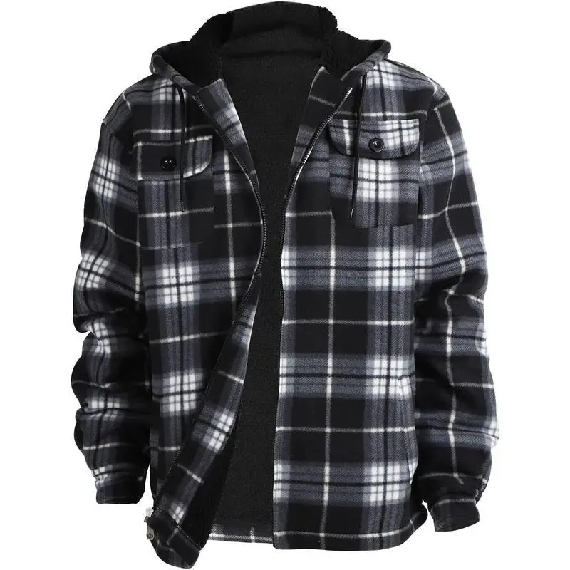 Men Heavy Sherpa Lined Fleece Plaid Flannel Jacket Zip Up Hoodies Warm Winter Coats Big Tall ,comfort wear men fashion fashion