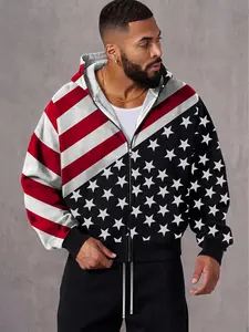 American Flag Print Hooded Jacket, Zip-Up Loose Fit, Running Fitness Outdoor Casual Sport Coat, Men's Fashion Outerwear