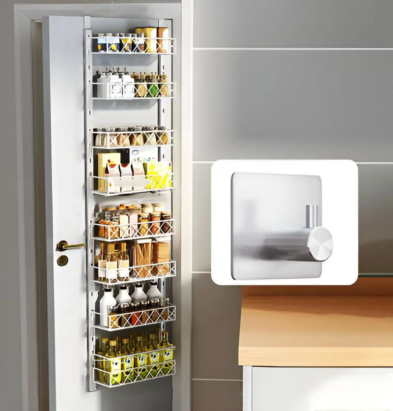 8 Tier Pantry Organizer with Cloth Hook (white) - Metal Hanging Kitchen Spice Rack, Can Organizer - Maximize Your Pantry Door Storage Space, Neat and Efficient Pantry Organization Solution