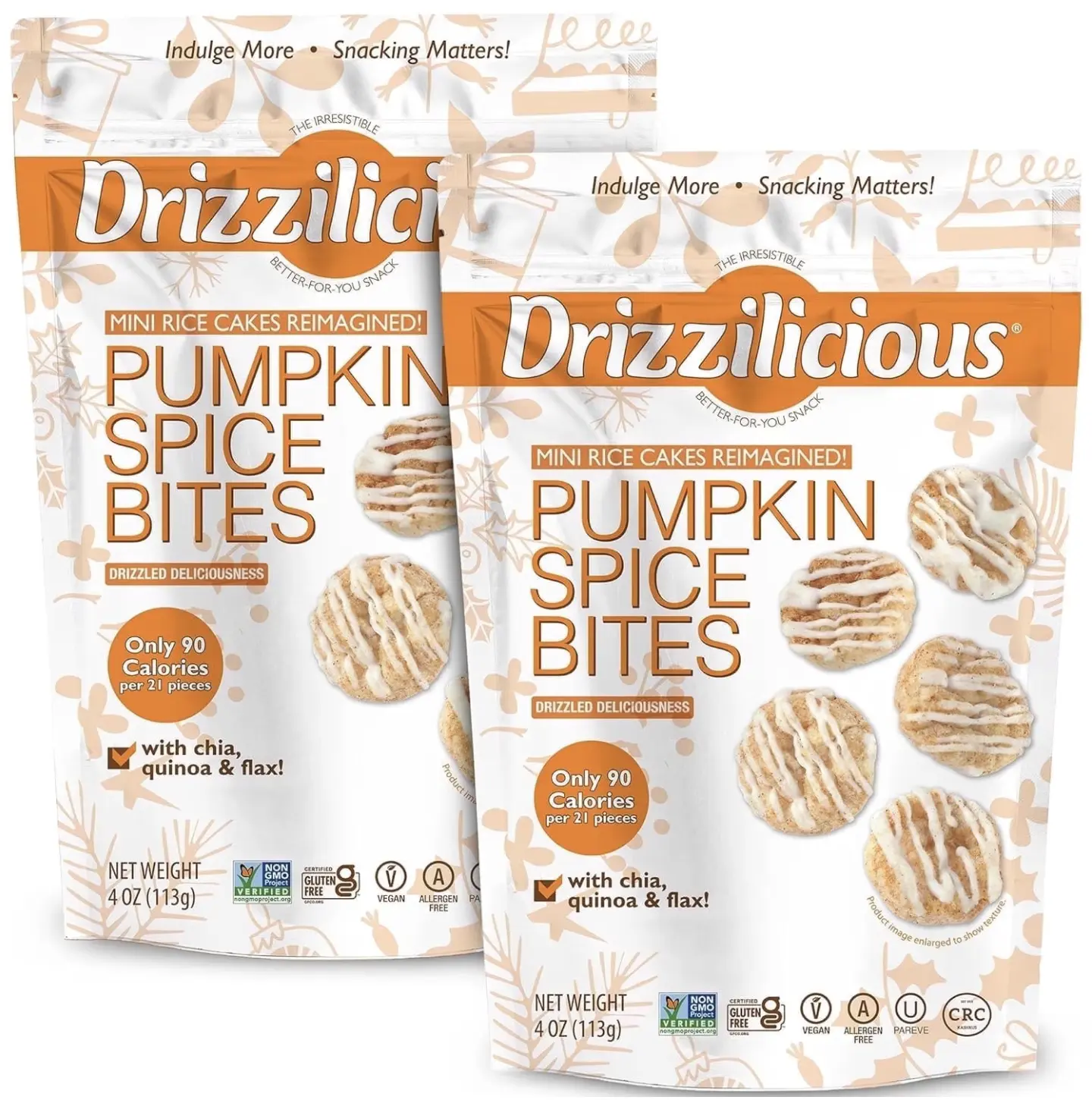 NEW! Drizzilicious Mini Rice Cakes, Pumpkin Spice Flavored Rice Cake Gluten Free Snacks, Rice Crisps 2-Pack 4 OZ
