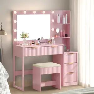 Ktaxon Fluted Makeup Vanity Desk with Mirror & Lights & Power Outlet, Pink Modern Dressing Table Set Charging Station for Bedroom, w/ 5 Drawers & 2 Shelves
