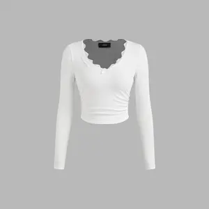 Cider [6 colors, size 0-10] V-neck Solid Bowknot Lace Ruched Long Sleeve Crop Top Dealsforyou