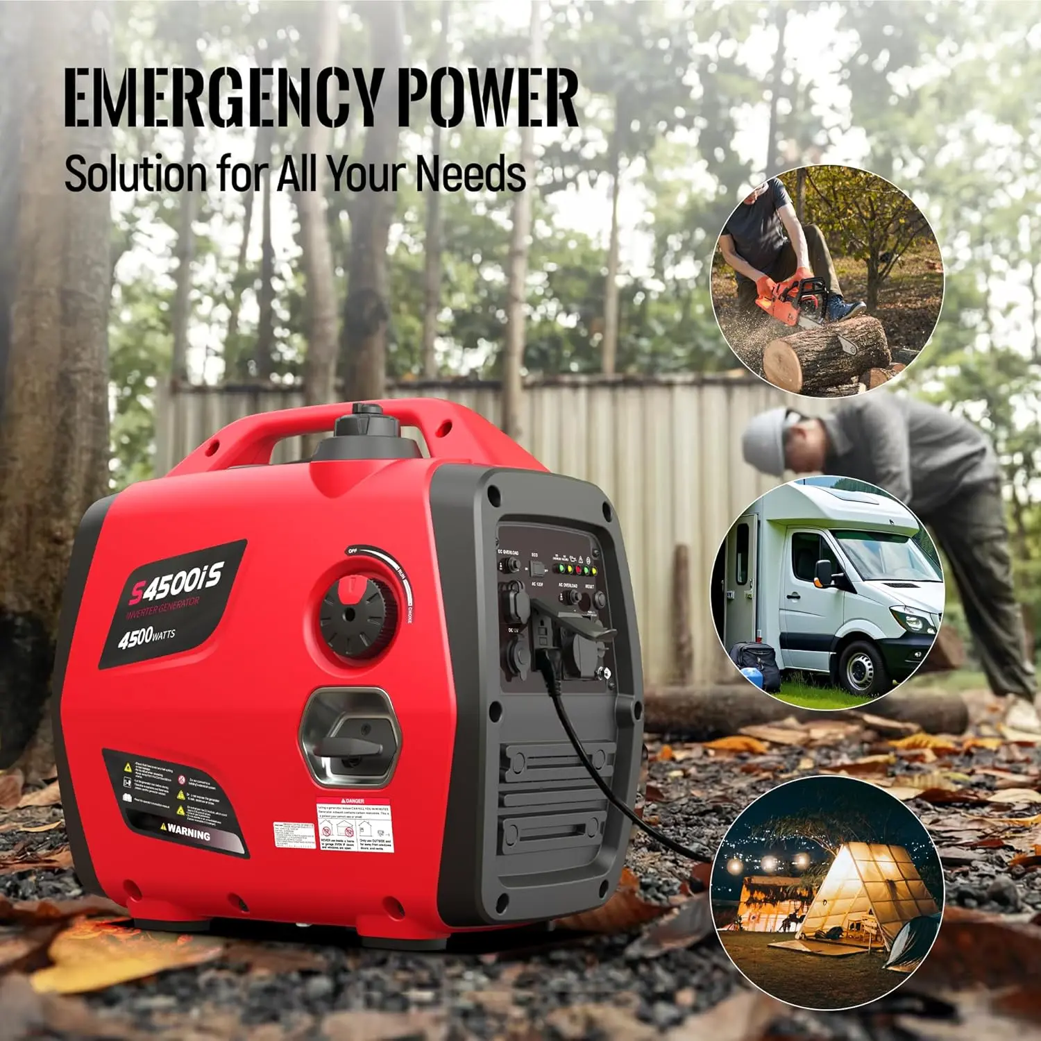 4500W Peak Gas-Powered Inverter Generator, 3200W Rated, 120cc 4-Stroke Gas Engine, Manual Start, Super Quiet, Lightweight, CO Sensor, RV-Ready, EPA Compliant, 120V, Eco Mode, 22 Hours Runtime, Home Backup Power & Camping Solution