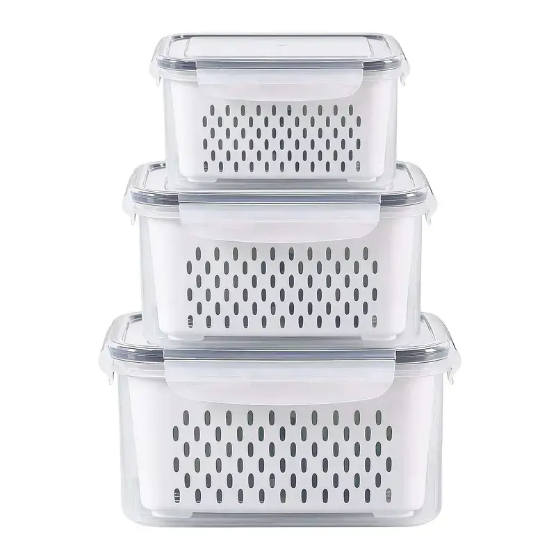 Airtight Food Storage Containers 3 Pack Fridge Food Storage Container Set with Lids with Strainer,Plastic Fresh Produce Saver Vegetable Fruit Meat Storage Organization, BPA-Free Plastic Produce Keepers(3.15L+1.7L+0.8L) Kitchen Utensils,summerwins,campinge