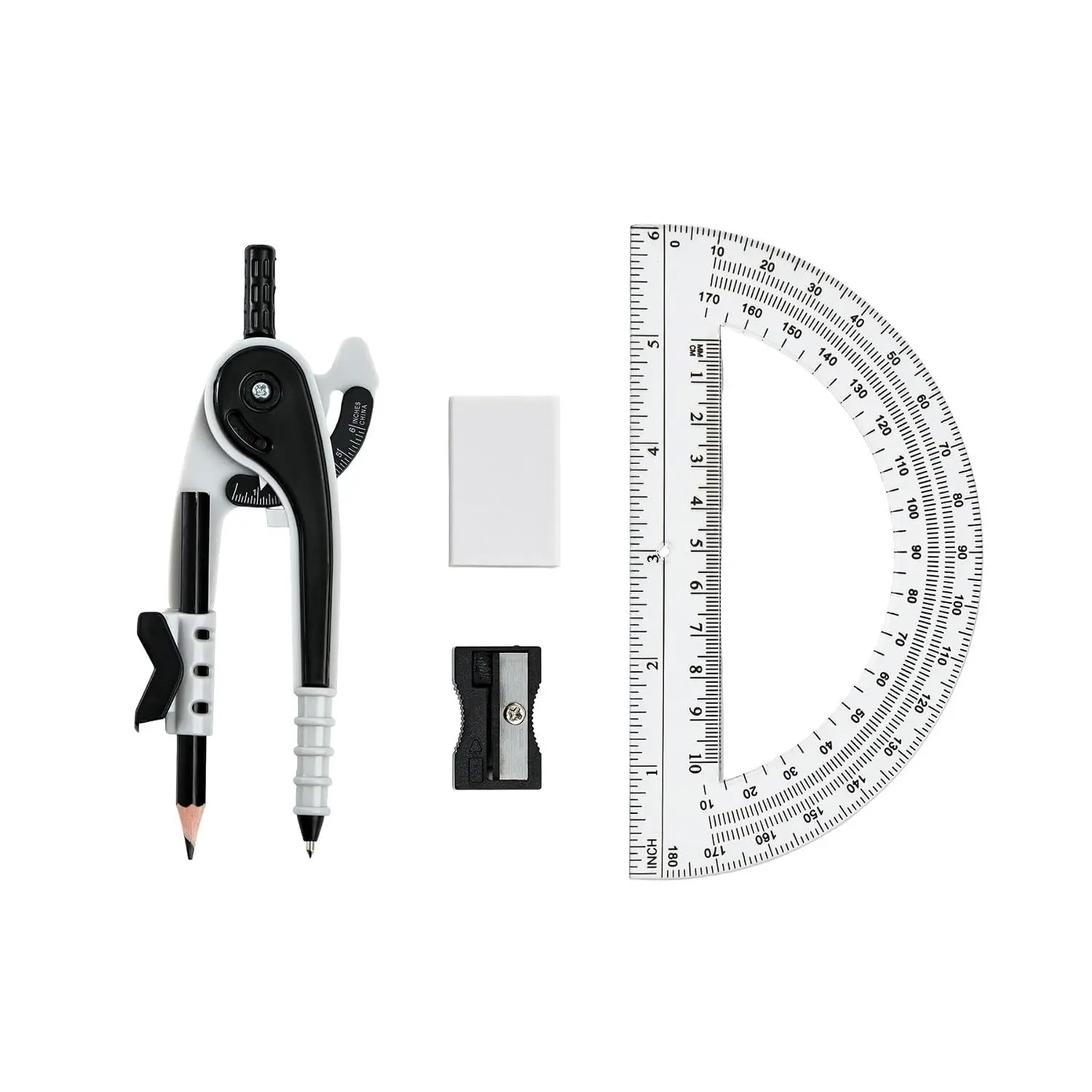 Unjoo Compass for Geometry Set, 6 Inch Protractor, Clear Plastic (Black) – Black