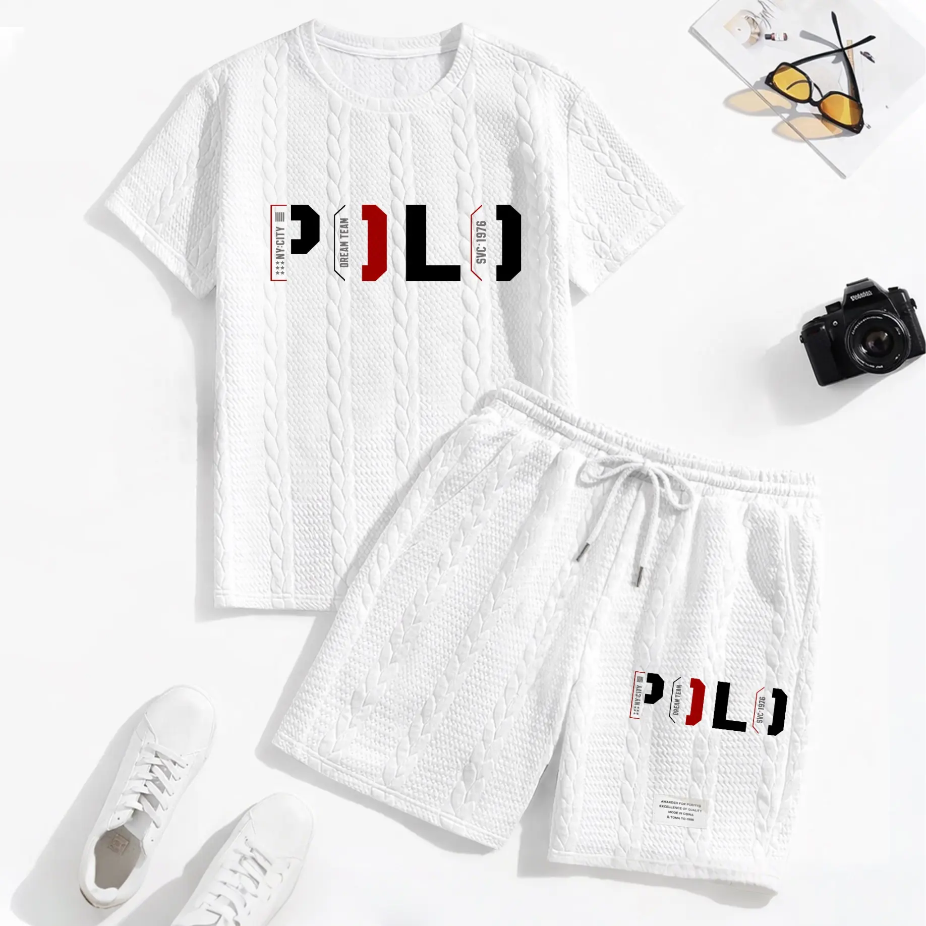 Men's Geometric Letter Graphic Textured Fabric Drawstring Waist Shorts Set 2 Counts, Short Sleeve T-Shirt & Pocket Track Shorts, Casual Fashion Cozy Men Two-Piece Outfits For Spring & Fall