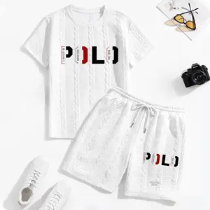 Men's Geometric Letter Graphic Textured Fabric Drawstring Waist Shorts Set 2 Counts, Short Sleeve T-Shirt & Pocket Track Shorts, Casual Fashion Cozy Men Two-Piece Outfits For Spring & Fall