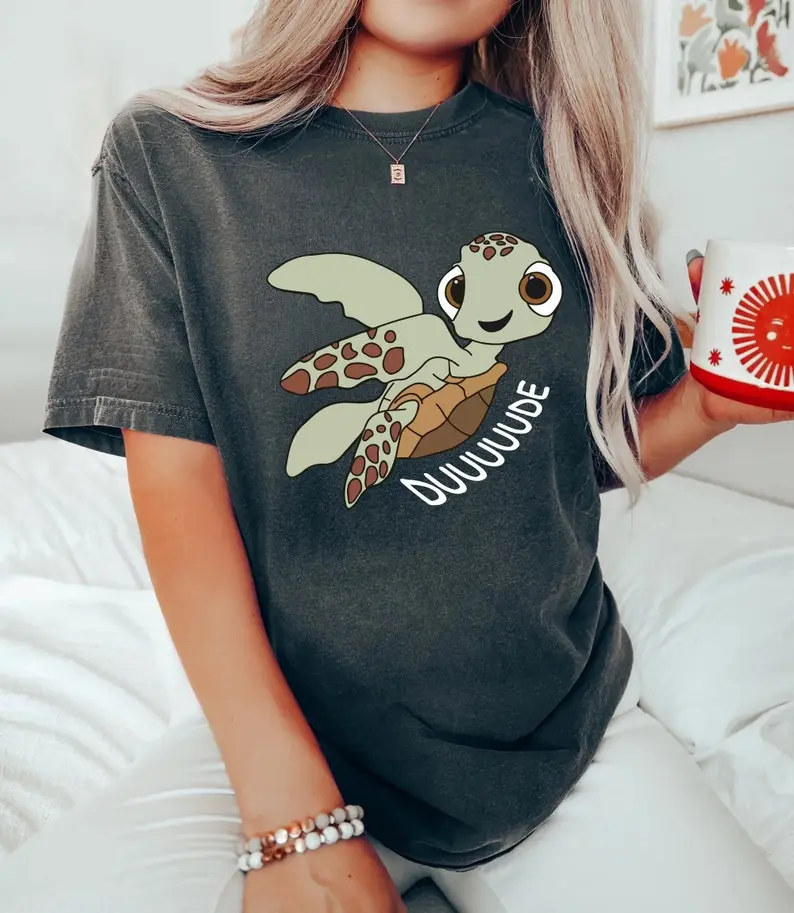 Women's Soft Cotton Fitted Short-Sleeve Round Neck Lady Top, Casual Style with Cute Finding Nemo Squirt Graphic, Made-to-Order, Machine Washable