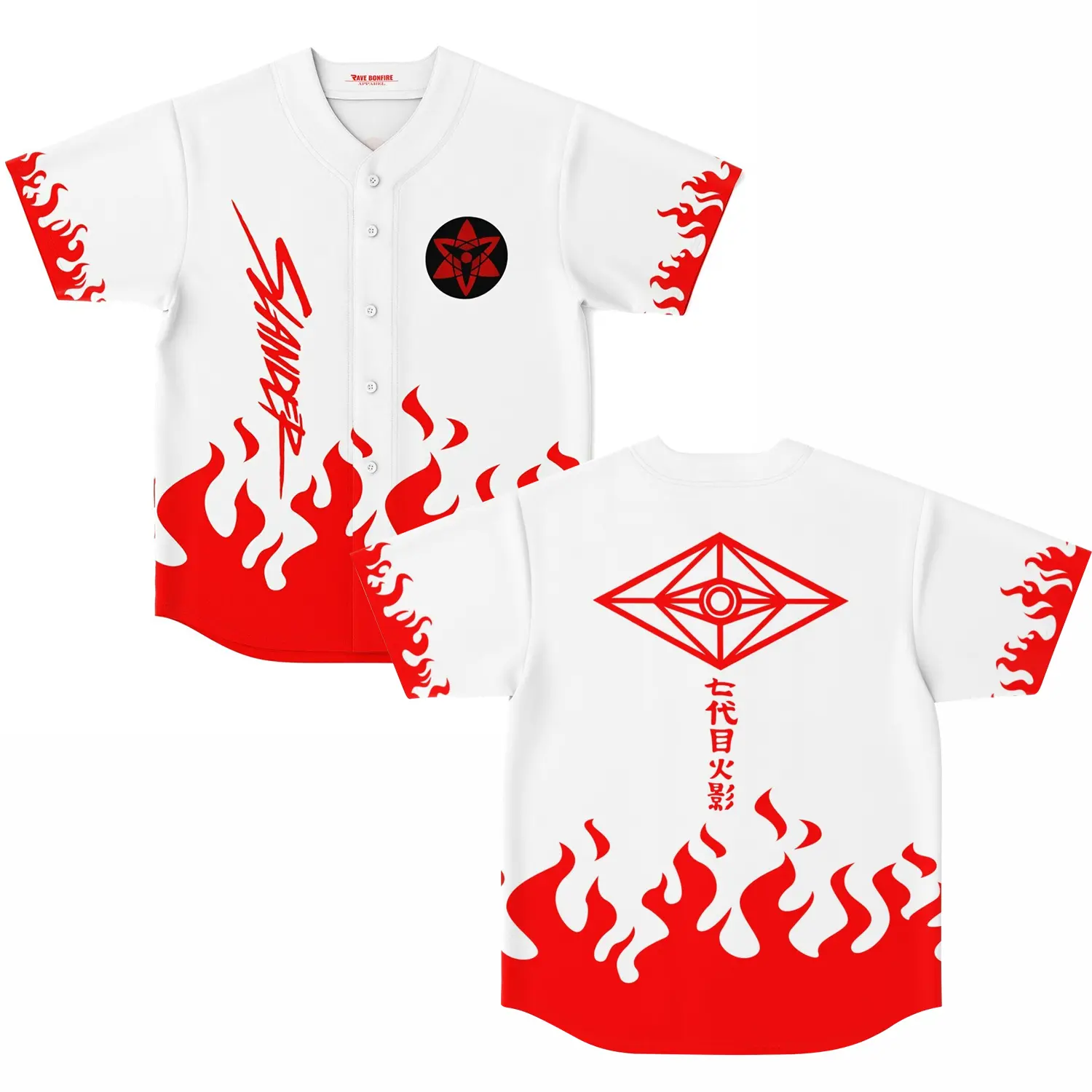 SLANDER Baseball Jersey, White Red Flame Hokage Anime Shirt, Mangekyou Eye Diamond Kanji Merch, Melodic Basshead Headbanger Top, EDC Ultra Festival Outfit, Slander Fam Heaven Trap EDM Music Lover Unisex Rave Apparel
