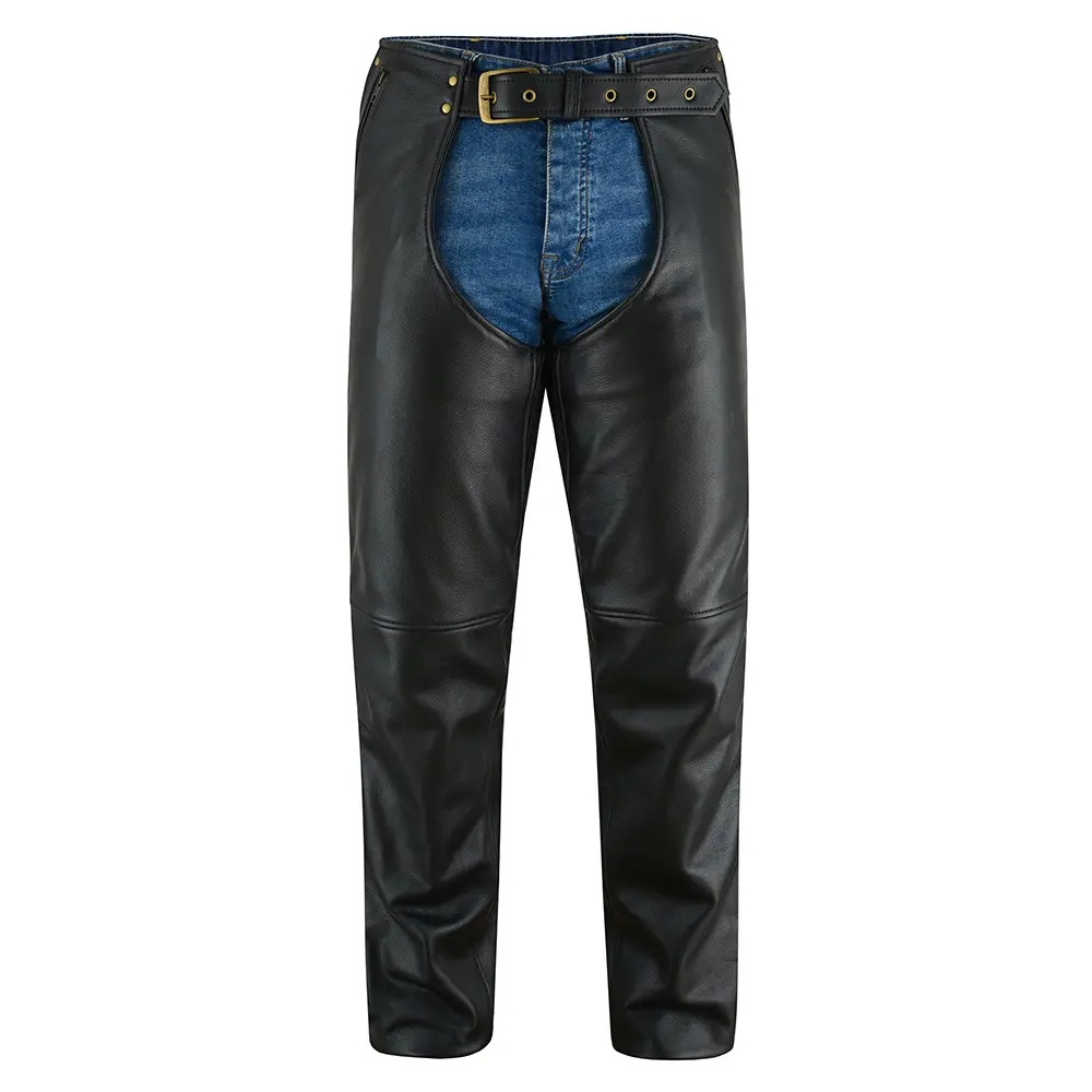 Men’s Cowhide Naked Drum Dyed Leather Motorcycle Chaps – Full Grain, Adjustable Fit, Protective & Stylish – Zipper Pockets Black