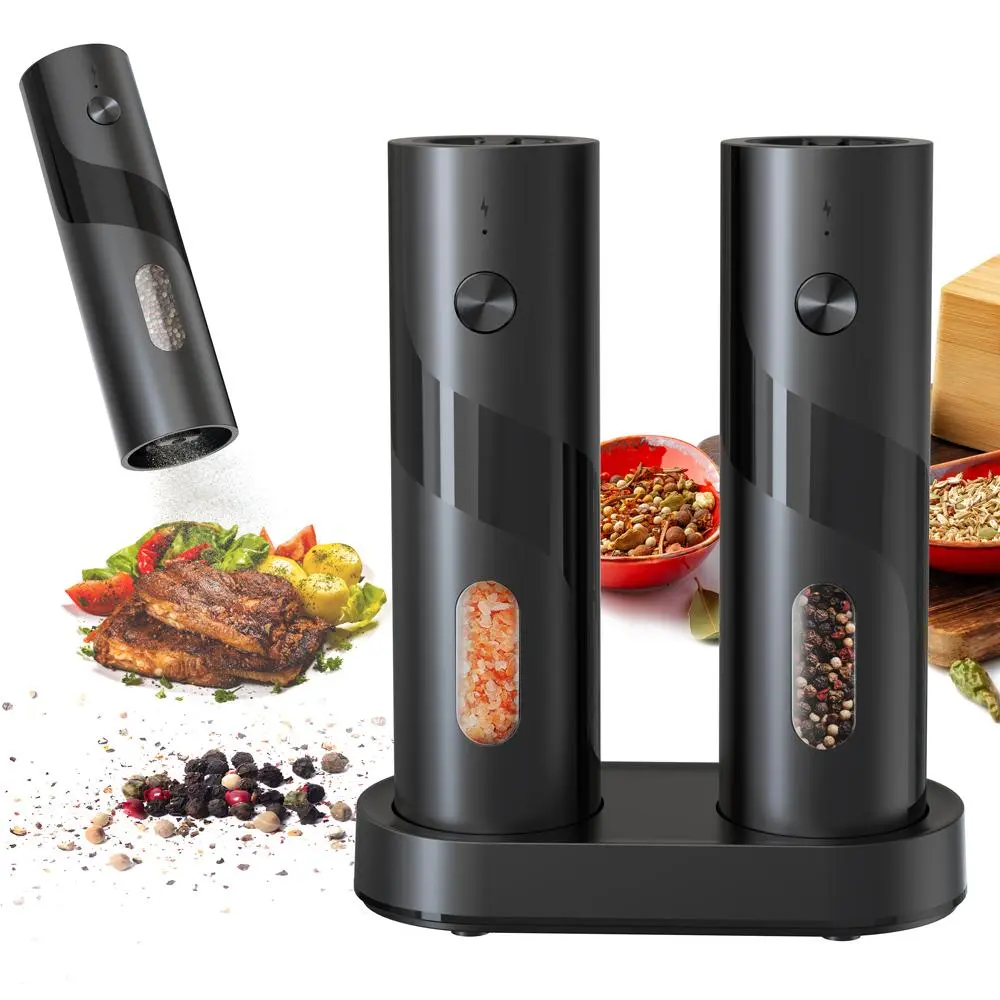 Modern Electric Salt & Pepper Grinding Tool Set, 1 Set with 2 Usb Rechargeable Seasoning Grinding Bottles with 1 Storage Base, Kitchen Seasoning Utensils, Kitchen Gadgets, Kitchenware, Gifts, Salt Pepper Shakers