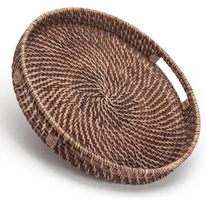 Round Rattan Woven Serving Tray with Handles Ottoman Tray for Breakfast, Drinks, Snack for Coffee Table,  Decorative (11"x1.6", Honey Brown)