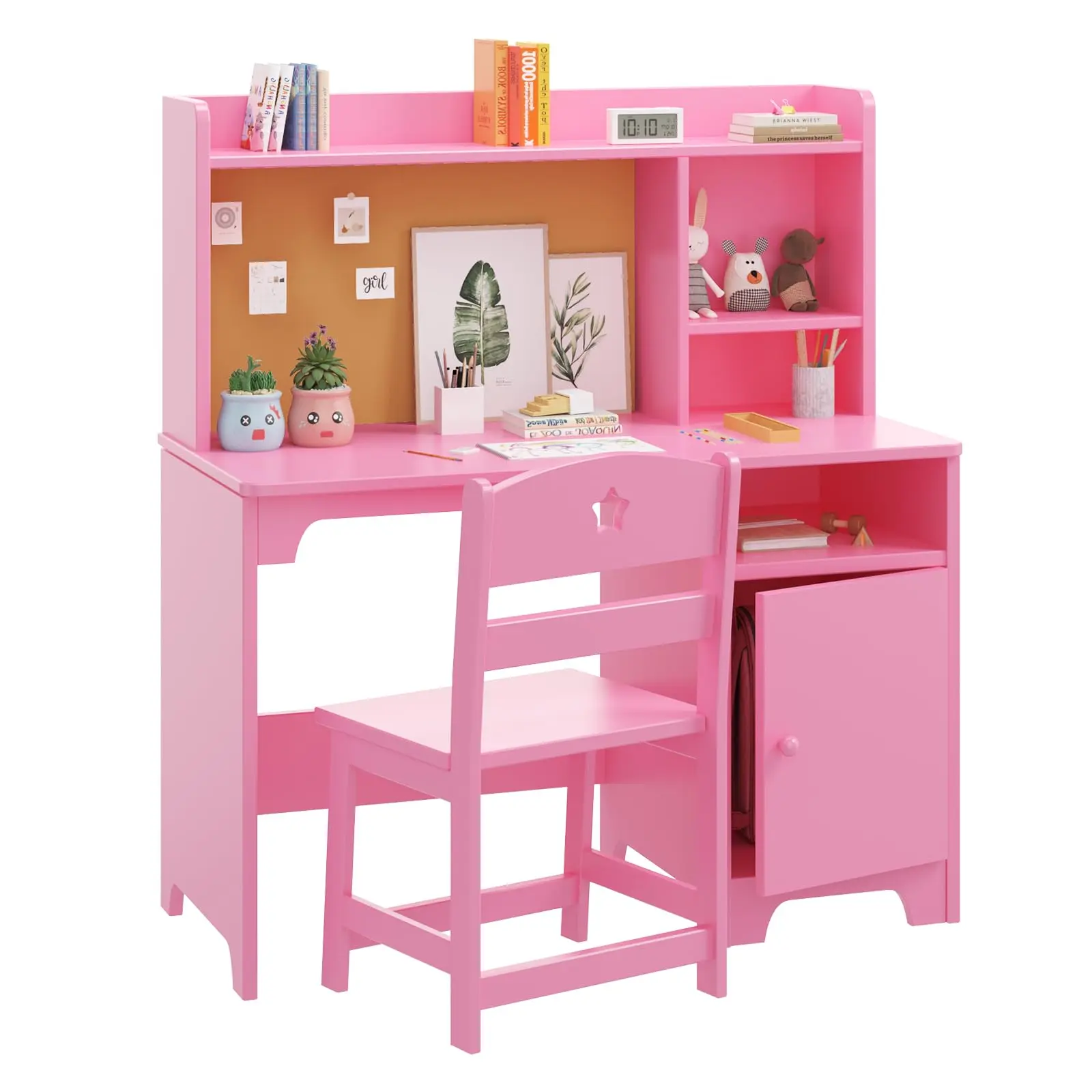 Garvee Wooden Study Desk with Chair for Ages 3-12, Featuring Hutch and Storage Cabinet, Ideal Student Writing Desk and Computer Workstation for Bedroom Use