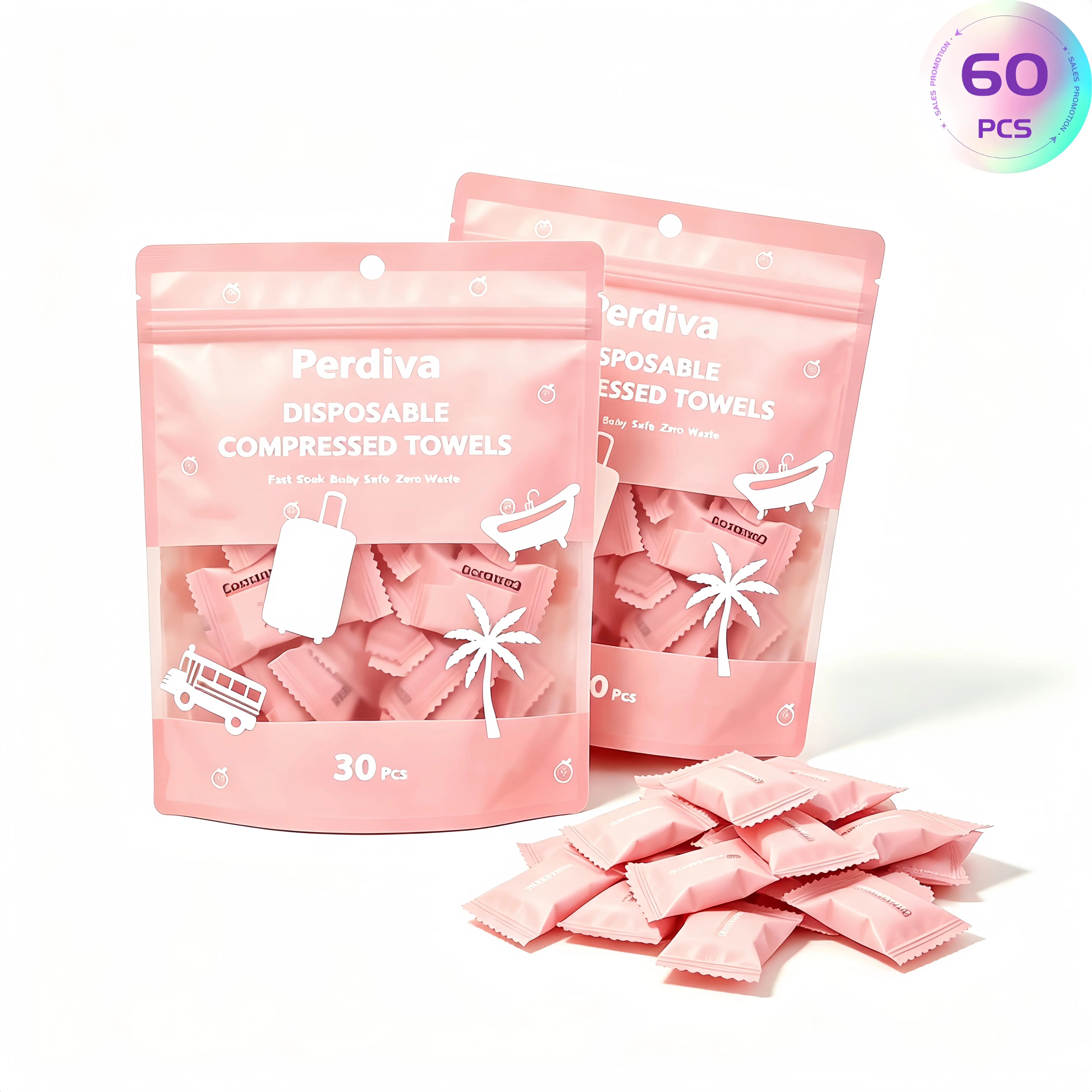 2 Pack Disposable Compressed Towel Tablets, Total 60 Pcs Portable Compact Face Towels, Travel Cleansing Wipes for Camping Hiking Gym Picnic, On-the-Go Hand & Face Cleansing Makeup Remover Towels