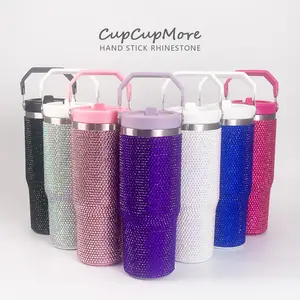 Cupcupmore Bling 30 oz Rhinestone Stainless Steel Glitter Sippy Tumbler Vacuum Insulated Thermal Water Bottle with Flip Straw & Lid &Handle, Leakproof Sparkly Car Cup Holder for Drinks & Coffee, Keeps Cold 12 Hours for Office, Gym, Travel