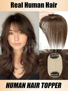Brown Human Hair Topper With Bangs Women Hairline Topper 5x9cm Natural Black Highlights Blonde Skin Scalp Glueless Clip in Topper Hair Pieces Human Hair