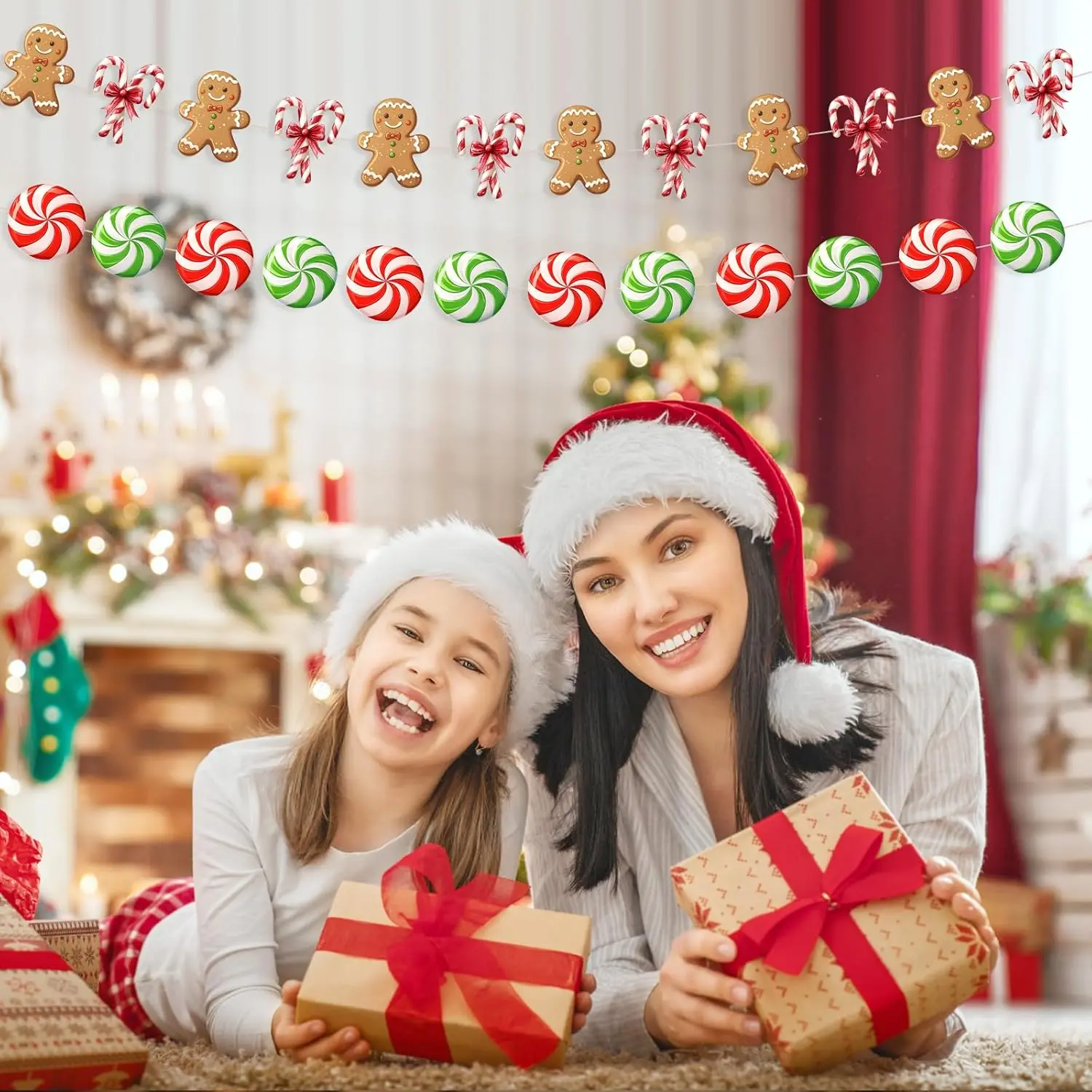Gingerbread Christmas Decorations Red Green Candy Banner Paper Hanging Gingerbread Men Banner Garland for Christmas Tree Sweet Holiday Kids'Room Classroom(14 ft)