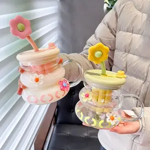 Cute Flower Glass Mug Cup with Flower Straw, Supports Straw Drinking and Direct Drinking, Meets Different Drinking Needs, Perfect for Everyday Use, Beverage Drinkware