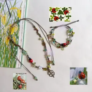 [NEW] Handmade Red Ladybug & Four-Leaf Clover Adjustable Bracelet