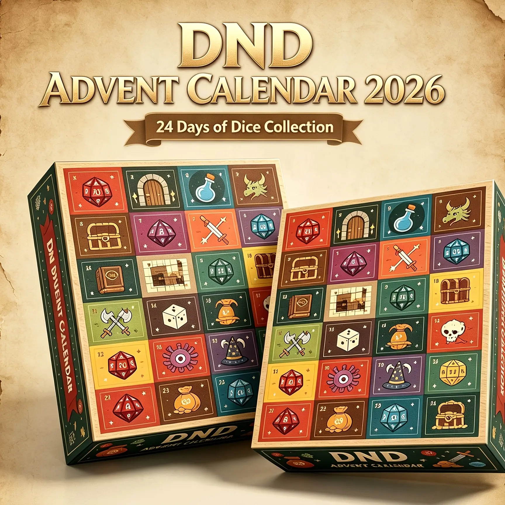 24-Day Advent Calendar Dice Collection with Numbered Days 1-24 & Polyhedral Dice Suitable for RPG Tabletop Games, Holiday Gift Box for Role-Playing Game Enthusiasts, Paper Countdown Calendar for Christmas, Easter, Summer Events