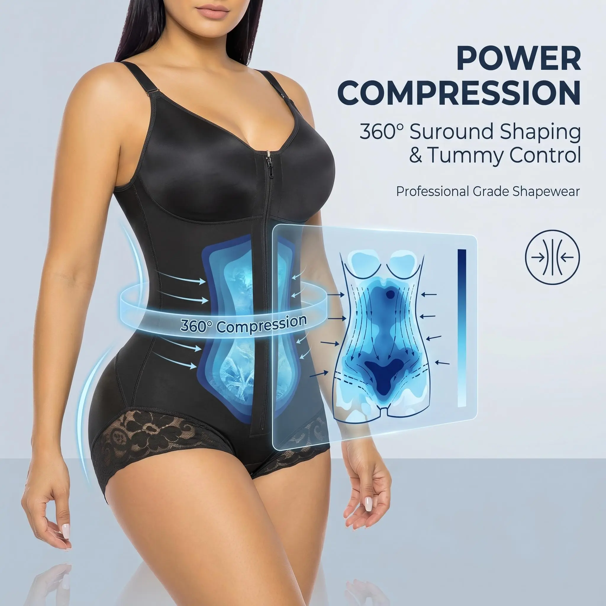 Plus Size Fajas Colombianas Front Zipper High Compression Tummy Control Bodysuit Lace Butt Lifter Hourglass Shapewear