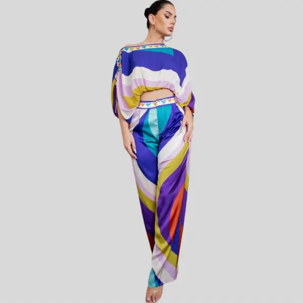 Clarette Cropped Blouse And Wide Pants Set-Purple Combo Fashion Floral Formal Women Evening Womenswear  Casual Matching Statement Leg Pants Overalls