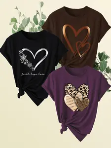 Women's Heart Print Round Neck Tee, Casual Short Sleeve Crew Neck T-shirt for Daily Wear, Ladies Clothes for All Seasons, Top