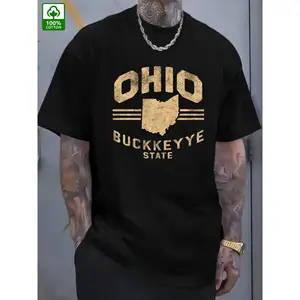 Men's Ohio Buckeye State Cotton T-Shirt - Blue with Golden State Seal, Casual Short Sleeve Crewneck, Machine Washable