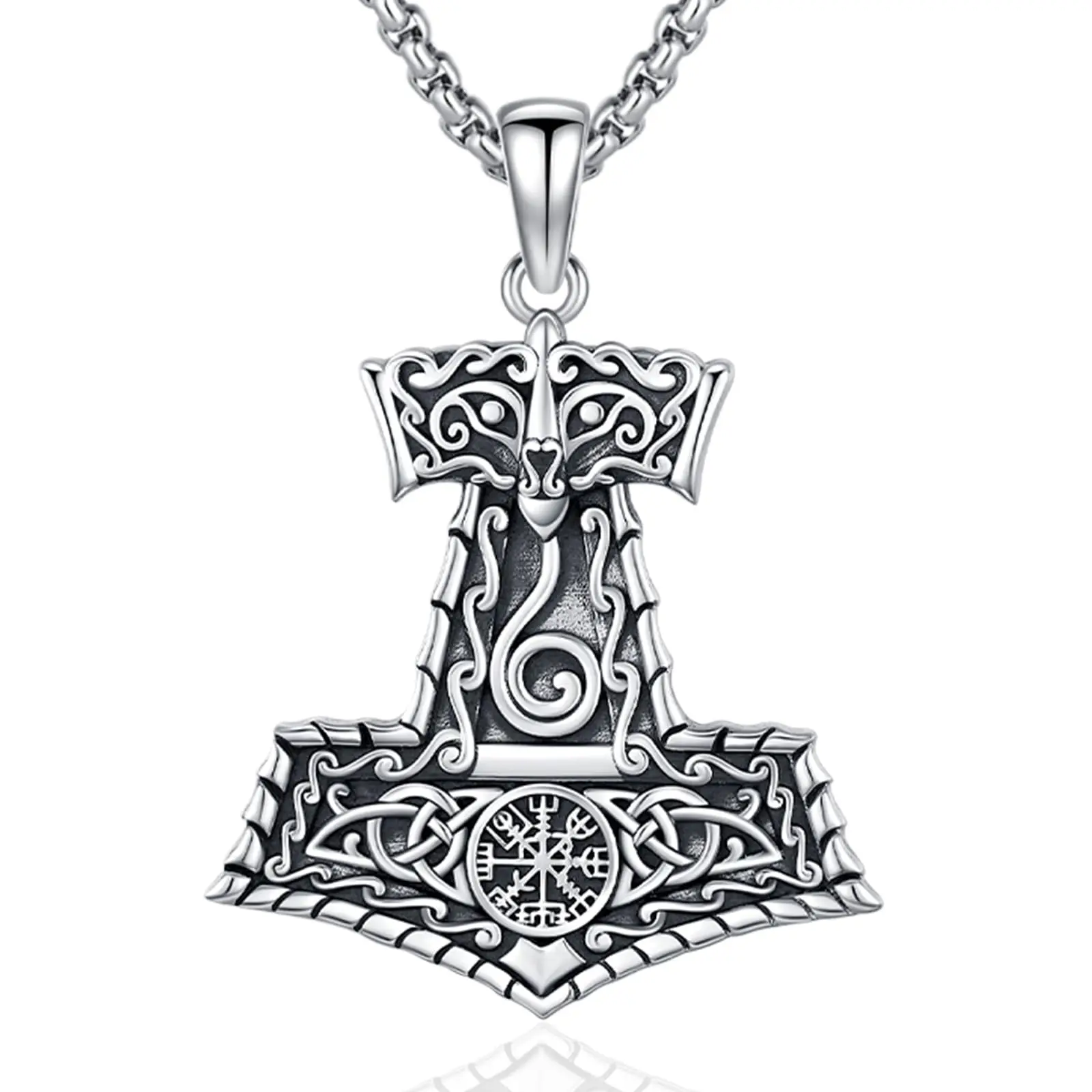 DRINSPER 925 Sterling Silver Viking Mjolnir Necklace, Norse Runic Thor's Hammer Pendant with Knotwork, Mystical Protective Talisman Jewelry, Mystical Necklace, Norse Necklace