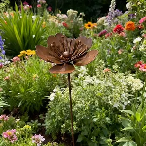 25.98-Inch Rusty Metal Flower Garden Stake, Rust-Colored Plant Flower Statue Sculpture, Iron Flower Decorative Post, Yard Decoration, Housewarming Gift,Home Sign Ornament