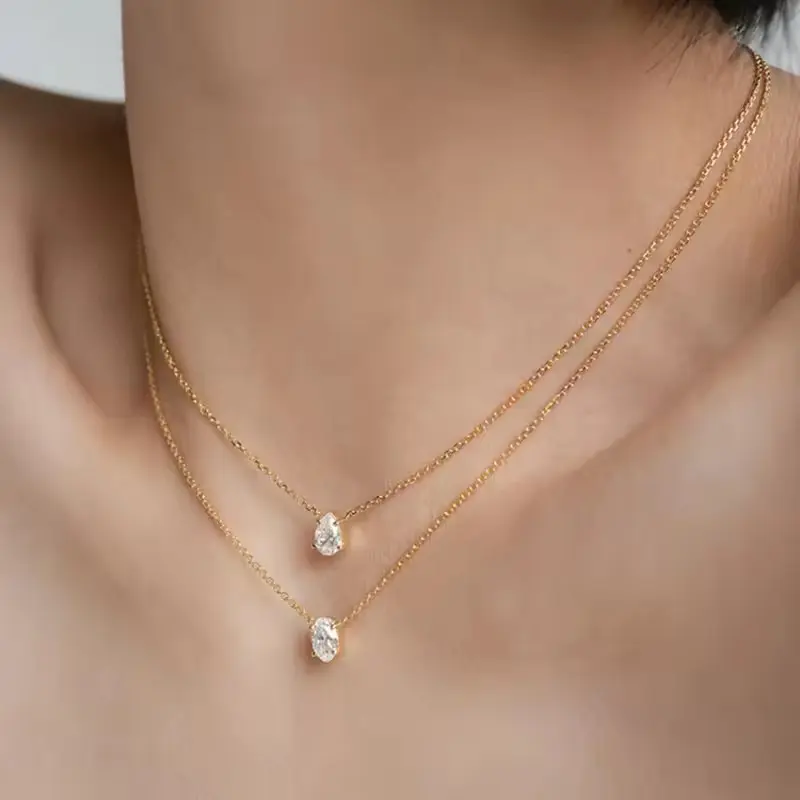 Gold Tone Two Layer Pear & Oval Cut Stone Pendant Necklace for Women, Waterproof Stainless Steel Dainty Stackable Clavicle Chain, Minimalist Daily Wear Jewelry Gift for Date Night & Casual Outfit Styling