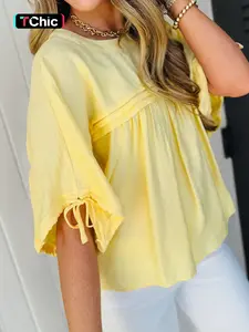 Summer Casual Loose Fit Round Neck Shell Button Texture Pullover, Pure Color Daily Wear Top, Comfortable and Stylish Summer Apparel