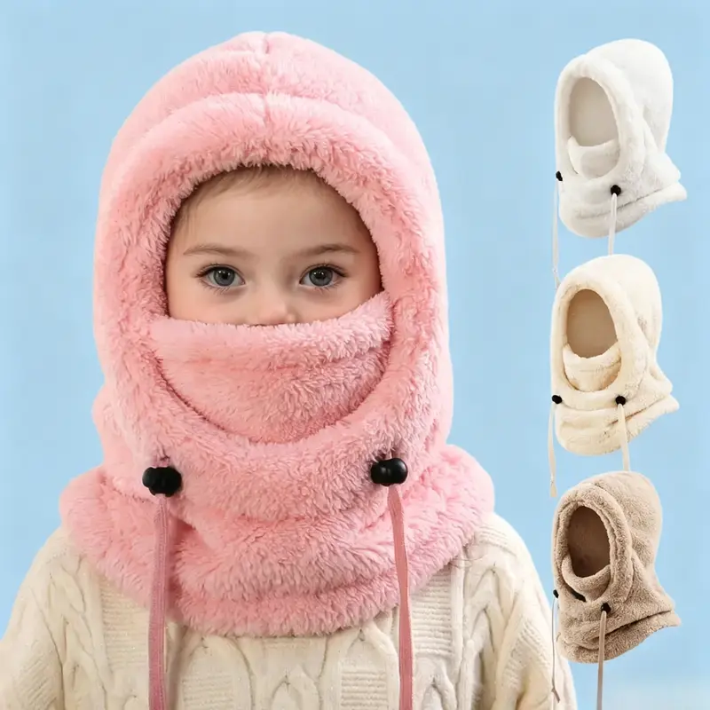 Kids Plush Coral Fleece Balaclava - 3-in-1 Design Thermal Hood, Face Mask & Neck Warmer, Windproof Cover, Casual Unisex Custom Fit, Full Head Coverage for Skiing, Outdoor Play, 2-8 Years Old