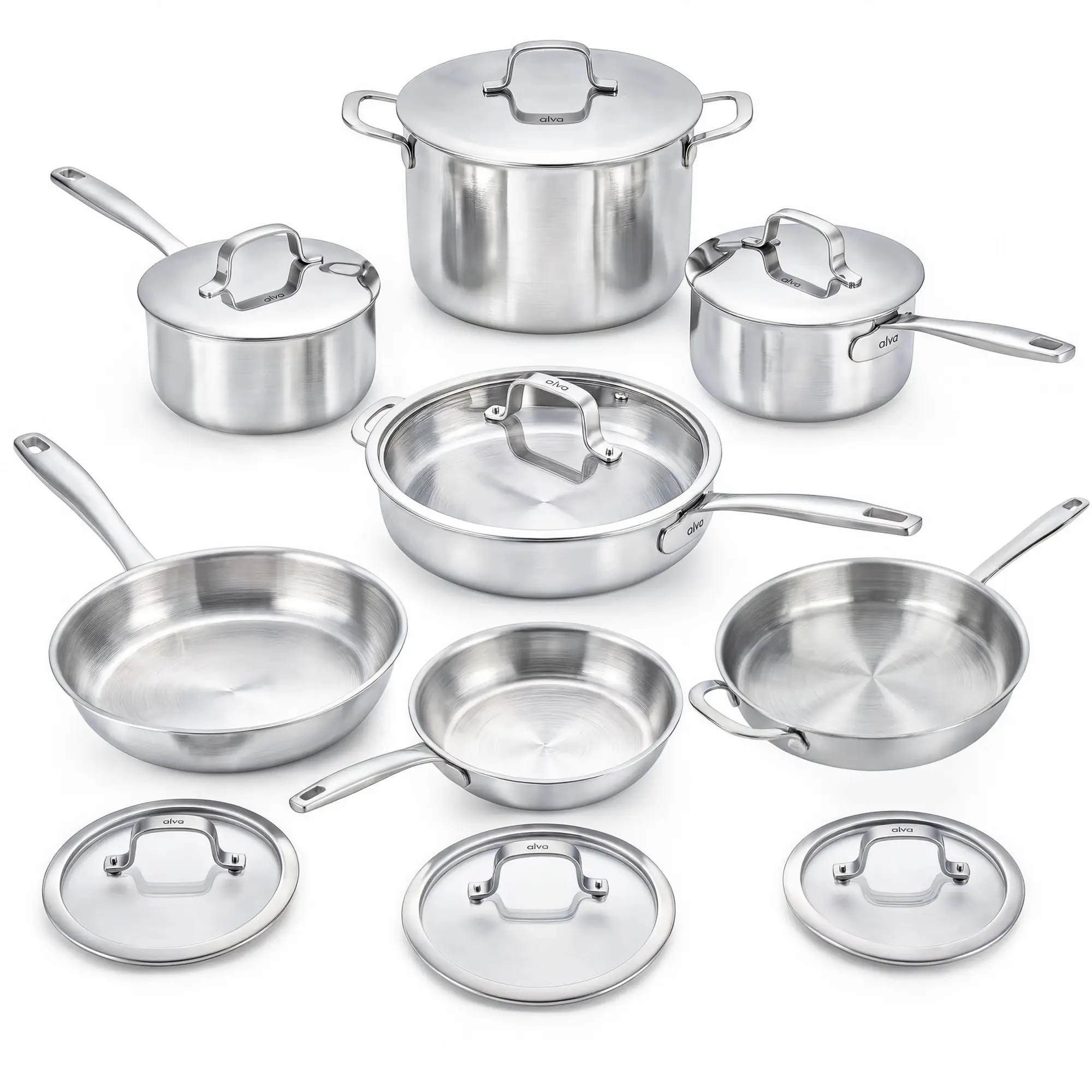 Alva Maestro 5-Ply Stainless Steel Pots and Pans Set, Modern Lead-Free Kitchenware for Home Use