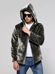 Men's Faux Fur Fashion Hooded Jacket, Pure Color Long Sleeve Coat, Warm Comfortable Casual Outerwear for Fall & Winter, Winter Fashion Clothing