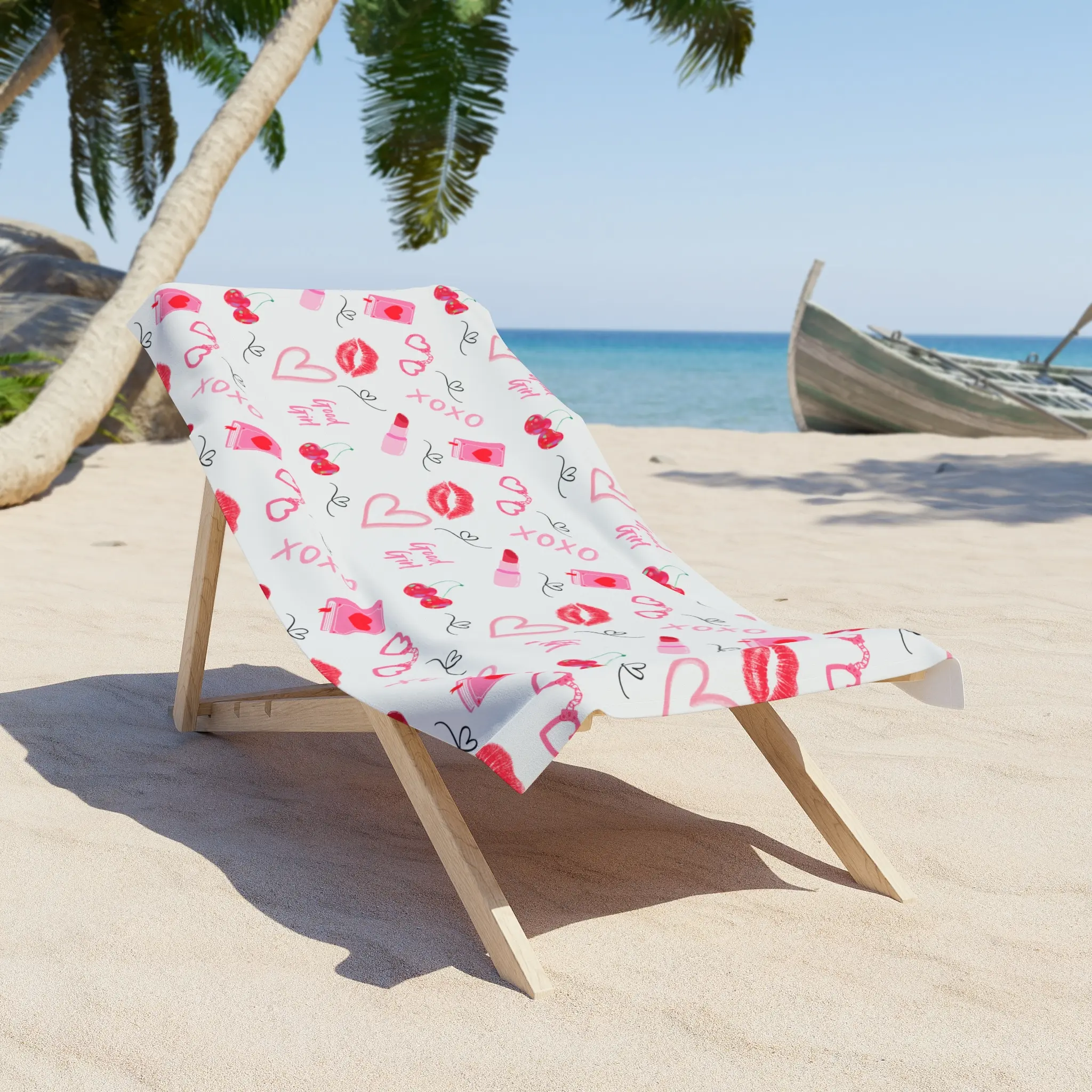 Valentine XOXO Kiss Pattern Beach Towel | Hearts Lipstick Cherry Print