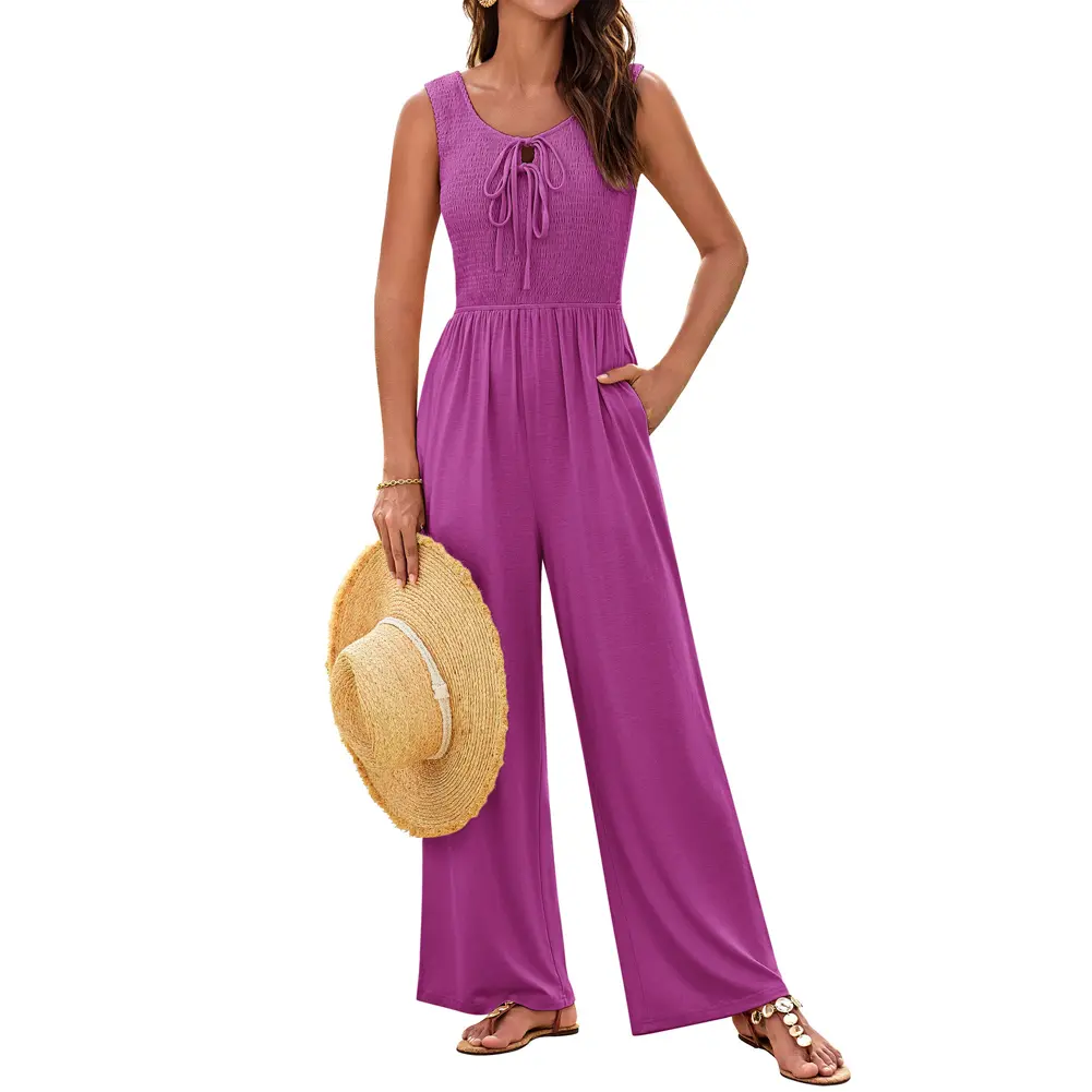 Grace Karin Women's Casual Sleeveless Jumpsuit, Stretchy Overalls with Bow Tie Front, Smocked Top and Wide Leg Pants with Pockets, Casual Fashion Overalls, Women's Clothes, Clothes, Lady, Wide Legs, Elastane, Polyester Blend, 35% Viscose, Ruched And Stret