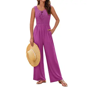 GRACE KARIN Jumpsuits for Women Bow Tie Front Overalls Smocked Tops Wide Legs Casual Knitted Outfits with Pockets Sleeveless