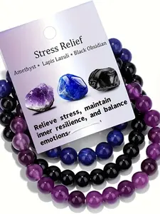 Three natural stone bracelets - for men and women, 8mm size, with amethyst, obsidian and chalcedony. Natural stone bead elastic bracelets with triple protection, handmade. Gift for Bohemian style, gemstone bracelet. Triple gemstones. Gift for teenagers. H