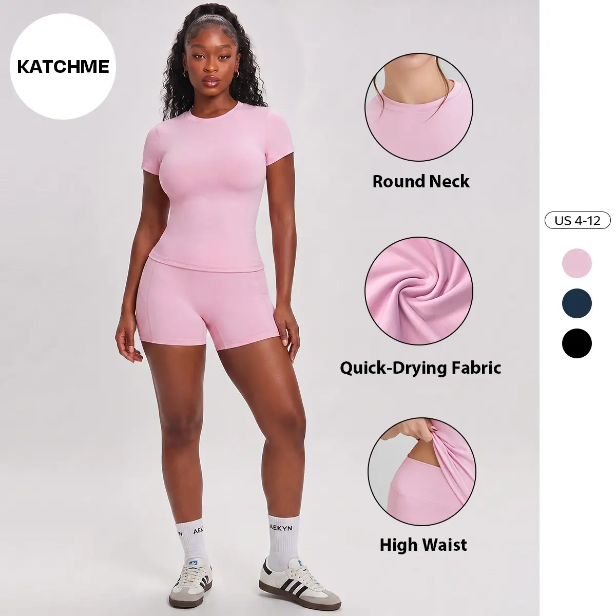 KatchMe Women's Workout Solid Color Seamless Short Sleeve Top & High Waist Shorts Co-ord, Soft Breathable Tracksuit, Lycra Naked Feel Quick-Drying Yoga Set