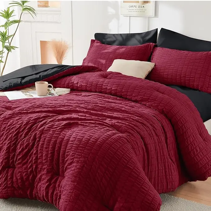 Cozy Elegance: Red & Black Seersucker 7 Pieces, All Season Luxury Bed in a Bag for Bedroom, Bedding Set with Comforters, Sheets, Pillowcases & Shams Bedsheet Sets Bedspread Set