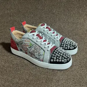 Silver Glitter Designer-Inspired Low-Top Sneakers with Black Patent Studded Toe & Red Outsole– Luxe Streetwear for Statement Looks