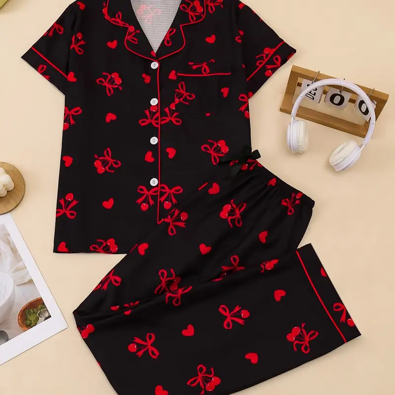 Women's Heart Cherry Bow Print Sleepwear Set, Everyday Casual Lapel Button Short Sleeve Long Pants Homeewear, Nightwear Loungewear Set, Comfortable Ladies Nightwear Pajama Set Pjs Homewear, Pajamas Lounge Set