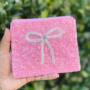 White Bow Beaded Pouch Purse