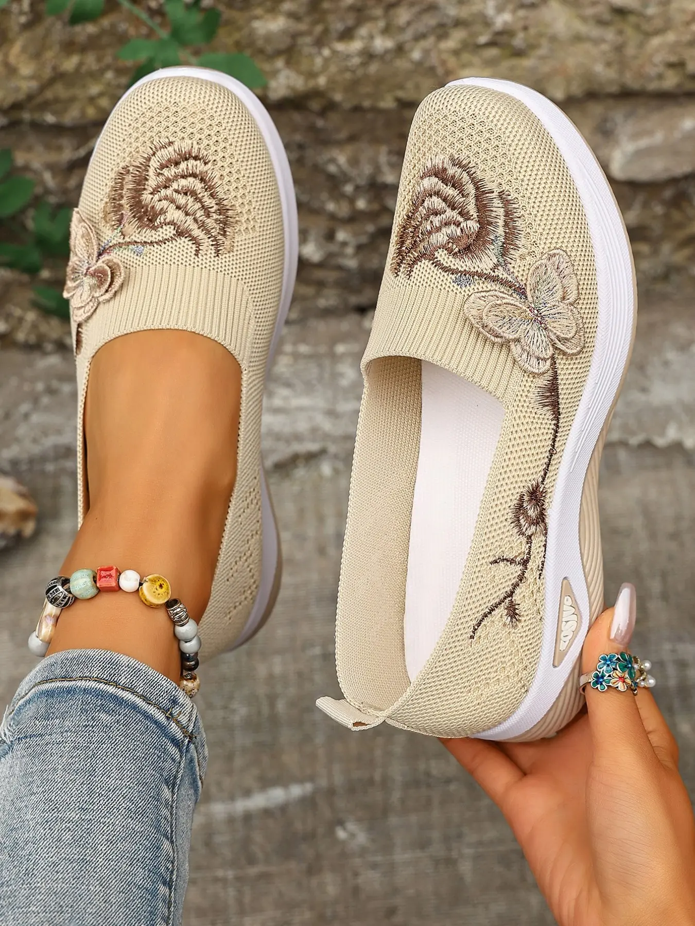 Women's Comfortable Slip-On Casual Sneakers, Breathable Knit Mesh, Hand Embroidered Butterfly & Floral, Lightweight Sole, Ideal for Garden & Yoga, Walking Shoes, Casual Lifestyle Footwear, Breathable Slip Ons, Slip Ins Shoes