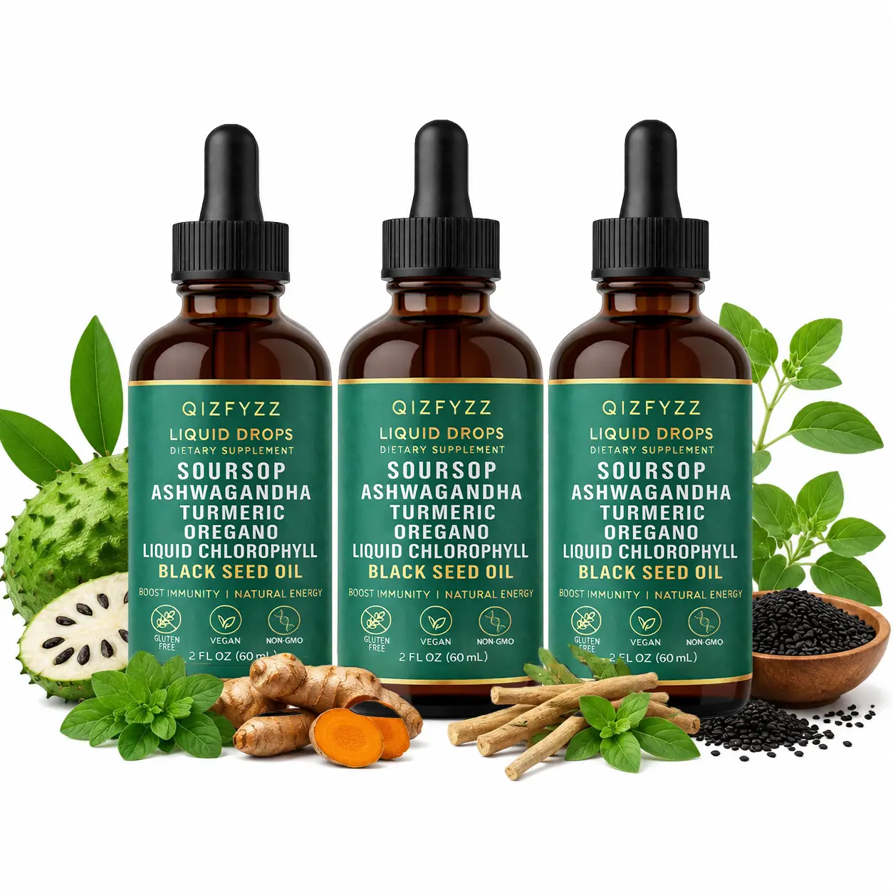 Qizfyzz Soursop Bitters Liquid Drops – 10-in-1 Herbal Blend with Nori, Moringa, Turmeric, Black Seed Oil, Oregano & Ashwagandha | Overall Health Support | Vegan & Non-GMO | 2 fl oz
