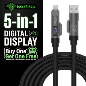 Buy one get one free Dark magic I 5-in-1 Multi Digital Display 240W Fast Charging Flame-Retardant super Liquid Silicone Cable with USB A Type C Lightning for iPhone17/Samsung/Android/Laptops /Car/ Office & TravelCharger